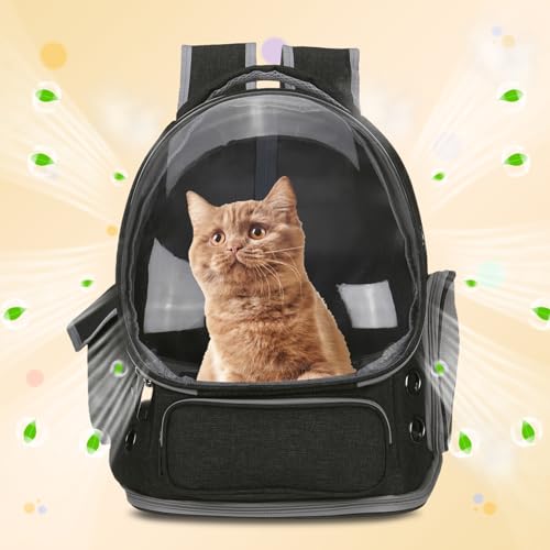 Pet Backpack Carrier, Portable and Ventilated, Oxford Cloth, Dog Cat Travel Bag with Transparent Cover 13.39", (Black, 1 Pcs), Intended for Hiking/Camping/Traveling - color: Black
