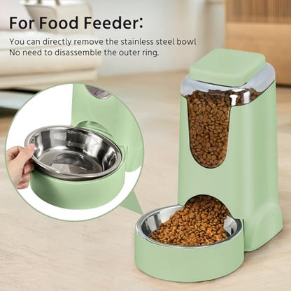 2 Pack Automatic Cat Feeder and Stainless Steel Water Dispenser, Gravity Dog Waterer Set Food Feeder and Waterer Set for Small Medium Kitten Puppy Pets(1 Gallon x 2, Green) - color: 1 Gallon x 2 - Green