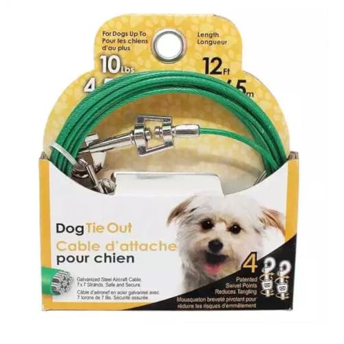 Rocky Mountain Goods Dog Tie Out Cable - Steel Tether Wire Dog Cable for Small Dogs up to 10 Pounds - 4 Swivel Points to Reduce Tangling - Strong Vinyl Coated - Easy Open Rotating Clips (12 Foot) - size: 12 Foot