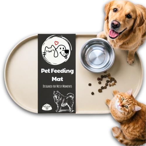 Oval Silicone Dog Food Mat - 19"x11" Aesthetic Pet Feeding Mat for 2 Bowls, BPA-Free Food Grade Silicone Mat with Raised Edges to Contain Spills, Waterproof & Non-Slip Dog Mat for Floors, Beige