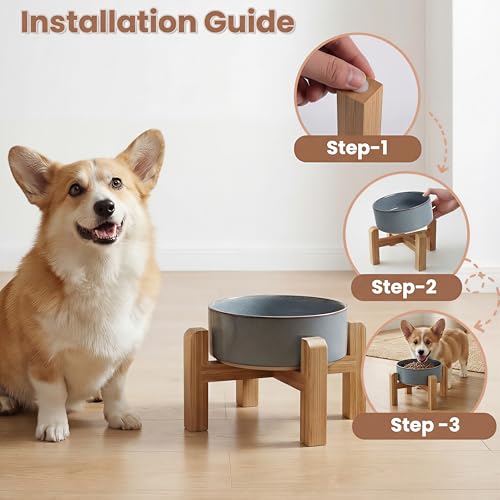 hjn Elevated Ceramic Dog Bowl with Bamboo Stand, Raised Pet Feeding Station for Small Medium Dogs Cats, Modern Design with Anti-Slip Base (Gray Blue, 3.6Cup) - color: Gray Blue, size: 3.6Cup