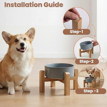 hjn Elevated Ceramic Dog Bowl with Bamboo Stand, Raised Pet Feeding Station for Small Medium Dogs Cats, Modern Design with Anti-Slip Base (Gray Blue, 3.6Cup) - color: Gray Blue, size: 3.6Cup