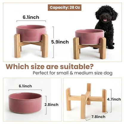 hjn Elevated Ceramic Dog Bowl with Bamboo Stand, Raised Pet Feeding Station for Small Medium Dogs Cats, Modern Design with Anti-Slip Base (Deep Pink, 3.6Cup) - color: Deep Pink, size: 3.6Cup