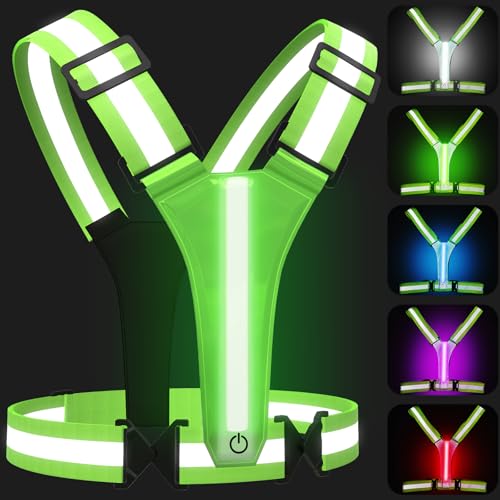 LED Reflective Vest Running Gear, 5 Colors Lights Up Running Vest for Night Walking Cycling Jogging, Adjustable Size for Men Women, Rechargeable and High Visible - color: Green