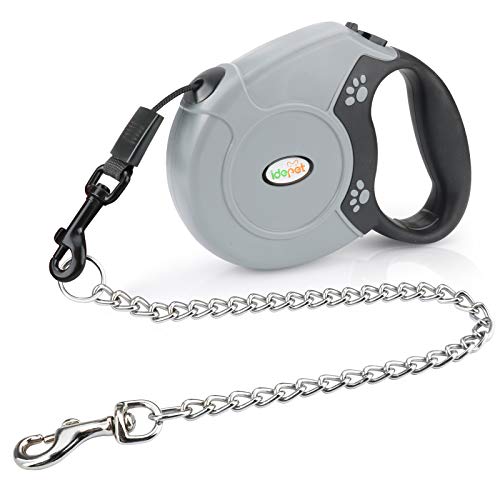 Idepet Heavy Duty Retractable Dog Leash for Small and Medium Dogs, Anti-Chewing Steel Chain Design,360 DegreeTangle-Free,Break and Lock System,16ft Leash Dog Walking (Round Rope) - color: Grey