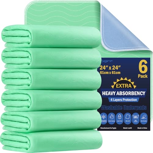 6 Pack 24” x 24” Extra Heavy Absorbency Washable Underpads, Waterproof Nursing Pads Incontinence Bed Pads, Reusable Washable Pee Pads for Dogs, Diaper Changing & Adults, Washable Puppy Pads - size: 6 Pack - 24" x 24"