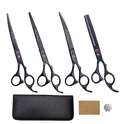 Purple Dragon Professional 7.0 inch 4PCS Pet Grooming Scissor Kit Japan Premium Steel Straight & Curved & Thinning Blade Dog Hair Cutting Shears Set with Case - color: Bright Black