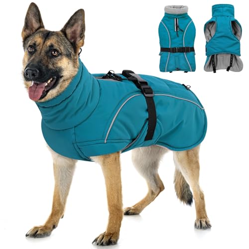 Queenmore XXL Dog Coat, Winter Jacket for Large Dogs, Waterproof Puffy Snowsuit, Adjustable Reflective Fleece Lining Warm Padding Parka for Cold Weather, Blue 2XL - color: Blue, size: XX-Large
