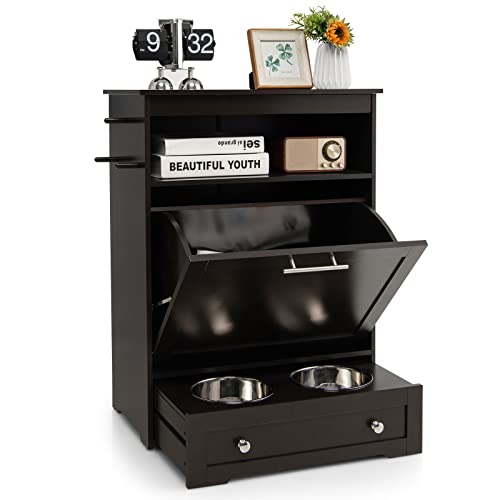 Dog Feeding Station with Double Bowls, Large Pull Out Dog Feeder & Food Storage (Brown) - color: Brown
