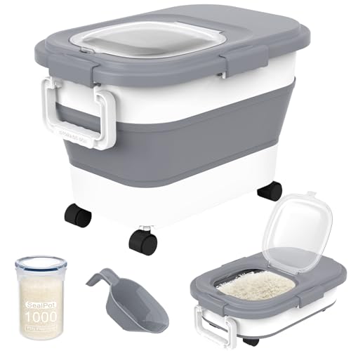 HOYTAMDA 20-30Lbs Rice Container,Collapsible Airtight Food Storage Containers with Wheels,Handle,Rice Storage Container with Small Bin and Scoop,Rice Dispenser for Flour Sugar Cereal Grain Dog Cat - color: Grey-20/30lbs