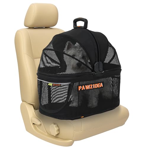 PAWZIDEA Portable Small Dog Crate for Car Travel up to 33lb, Enclosed Dog Car Seat Soft-Sided, Escape-Proof Reversible No-Zip Canopy, Foldable Pet Carrier Seatbelt for Small Medium Puppy & Cats Kennel - color: Full View Mesh, Small/Medium
