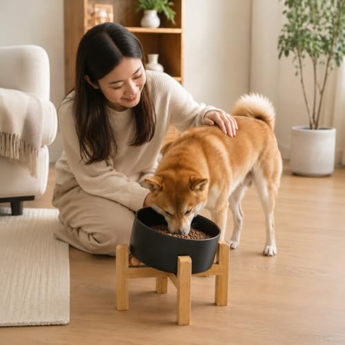 hjn Elevated Ceramic Dog Bowl/Raised Ceramic Dog Bowls with Bamboo Stand, 15°Slanted Raised Pet Feeder for Small Medium Dogs and Cats, Non-Slip Heavy Weighted Design (Black, 3.6Cup) - color: Black, size: 3.6Cup