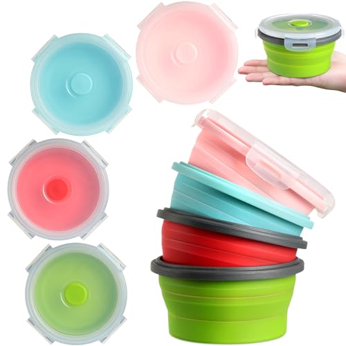 Suclain 4 Pcs Collapsible Bowls with Lids Silicone Camping Food Storage Container Expandable Folding Salad Lunch Box Travel Container for Hiking Camping - color: Red, Pink, Blue, Green