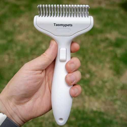 Self Cleaning Grooming Rake Brush for Shedding Gently Removes Loose Undercoat Mats Tangled Deshedding Grooming Tool for Dogs Cats Extra Wide (White) - color: White