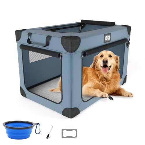 42Inch Soft Dog Crate, Collapsible Soft Travel Crate for Large Dogs, Indoor & Outdoor Portable Pet Kennel with Chew-Proof Mesh Window, Warm Blanket and Foldable Bowl, Blue - color: Blue, size: 42.0"L x 31.0"W x 31.0"H