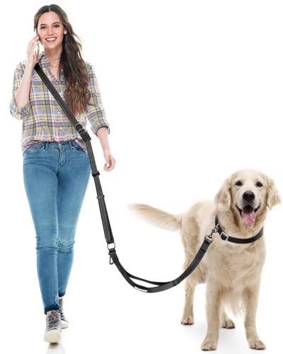Hands Free Dog Leash, Multifunctional Crossbody Dog Leash, 5.9-9.5Ft Long Waist Belt with Car Safety Buckle and Double-Sided Reflective Stitches for Medium and Large Dogs.(Black) - color: Black, size: Large-5.9-9.5ft