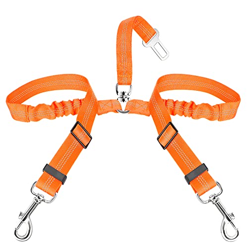 SlowTon Dog Seat Belt, Double Dog Seatbelt Adjustable Vehicle Safety Leash with Elastic Bungee Buffer, Reflective No Tangle Y Shape Two Dog Harness Seat Belt Splitter for Pets Car Trip (Orange, S) - color: J.Orange, size: 2 Small in 1