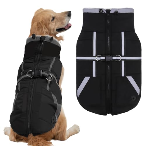Mihachi Dog Snow Jacket Waterproof Dog Coat with Harness Built in,Thick Fleece Lined & Pockets,Turtleneck Warm Winter Jacket for Large Dogs Reflective Fleece Vest with Zipper,Snowsuit Outfit,Black XL - color: Black, size: X-Large