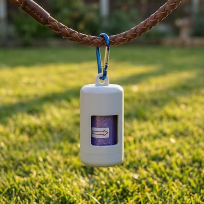 Dog Poop Bag Storage Box and Dispenser, with Leash Hook, Leak-Proof Design, and a Rotating Top for Easy Refilling; Includes 1 Roll of Poop Bags; White