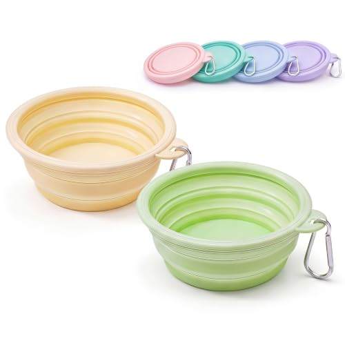Collapsible Dog Bowls 2-Pack, Portable Travel Dog Bowl with Carabiner, Food-Grade BPA-Free Silicone Pet Food & Water Bowl for Dogs & Cats, Hiking Walking Camping (Yellow and Light Green) - color: Yellow and light green