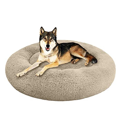 SAVFOX 45 inches Calming Donut Dog Bed - 3X Durable Plush Faux Fur, Machine Washable & Non-Slip, Fits up to 150 lbs, Beige - color: Beige, size: X-Large | 45"x45"