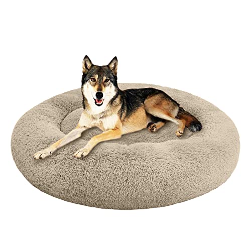 SAVFOX 45 inches Calming Donut Dog Bed - 3X Durable Plush Faux Fur, Machine Washable & Non-Slip, Fits up to 150 lbs, Beige - color: Beige, size: X-Large | 45"x45"