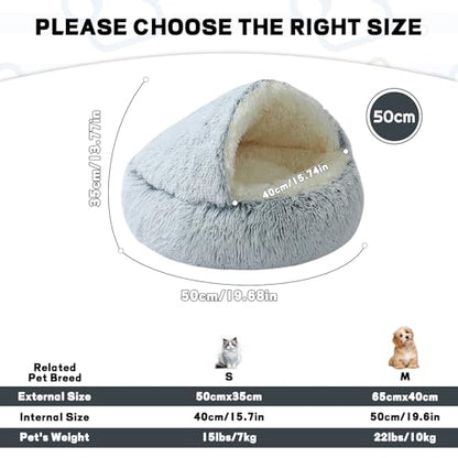 YUDANSI Calming Cat Beds for Indoor Cats - Plush Fluffy Hooded Cave Nest, Anti-Slip Self-Warming Pet Beds, Washable Built-in No-Collapsing Support (Grey-50cm/20in) - color: Non-removable-50cm
