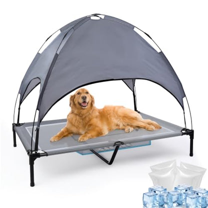 48'' Outdoor Elevated Dog Bed with Canopy, Raised Dogs Cooling Bed Medium Large Size Dogs with Support Feet, Breathable Cooling Dog Cot Beds, Pet Bed with 4 Ice Pack, Outdoor Dog Hammock Bed(Large) - size: Large(48.0"L x 31.5"W x 8.0"Th)