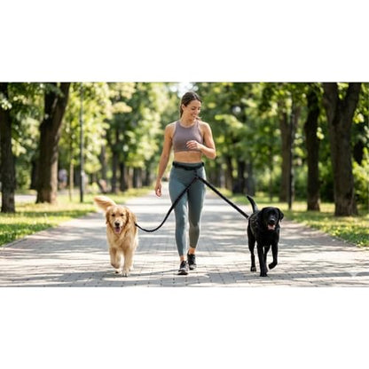 X11PAWS - Heavy Duty Dog Leash Hands Free Bungee | Two Large Dogs Up to 250 lbs | Comfortable Shock Absorbing Bungee | Reflective Dual Padded Handles | Lumbar Waist Belt 24-42" | 360° Swivel Clips
