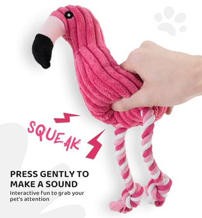 Squeaky Dog Toys - Plush Dog Toys with Soft Durable Fabric for Small Medium Large Breeds, Interactive Tug of War Rope Chew Toys, Teeth Cleaning, Dental Care, and Keep Dogs Busy (Flamingo-Red)