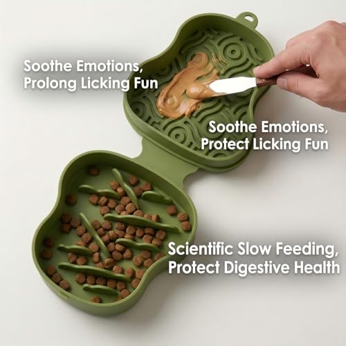 Collapsible Dog Travel Bowl with Lid, Portable Slow Feeder & Lick Mat Combo, Mess-Free Clamshell Silicone Water Dish for Hiking (Green) - color: green