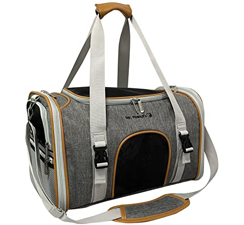 Mr. Peanut's Expandable Airline Approved Soft Sided Pet Carrier, Luxury Travel Tote with Premium Auto Self Locking Zippers, Plush Faux Fleece Bedding with Sturdy Plywood Base, 18LX10.5WX11 H