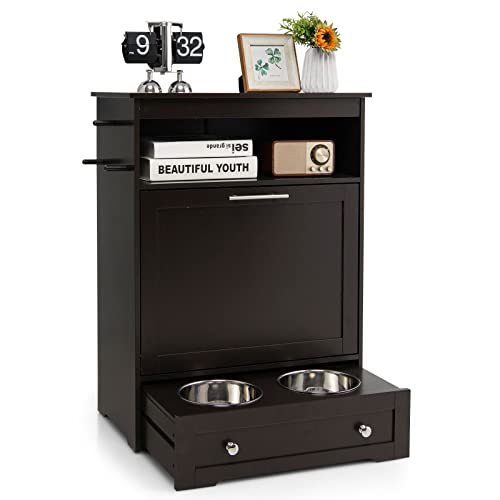 PETSITE Large Pet Feeder Station, Dog Food Storage Cabinet with Stainless Steel Double Pull Out Raised Dog Bowls for Feeding & Watering Supplies, Pet Toy Storage Organizer, Brown - color: Brown
