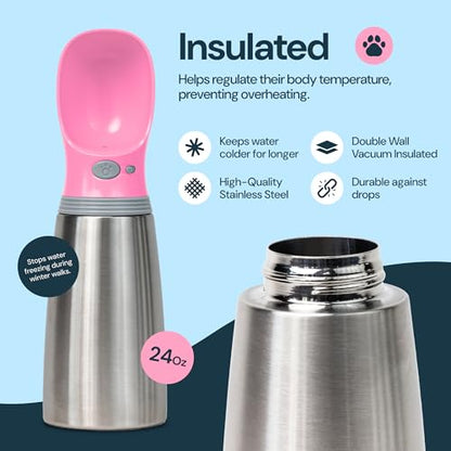 MalsiPree Insulated Dog Water Bottle - 24 oz Pink, Stainless Steel | 24oz insulated steel bottle & bowl - leak-proof - Use for dog travel, hiking, park & beach days - color: Pink, size: 24oz - Insulated