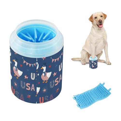 Duck 250th Anniversary Blue Pattern Dog Paw Cleaner Cup with Soft Silicone Brush, Small Lightweight Portable Muddy Paw Washer for Dogs, Easy to Use Pet Foot Cleaner