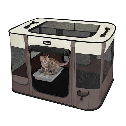 Paw Ballet Foldable Pet Kitten Playpen, Upgrade Waterproof Portable Cat Dog Playpen Kennel Tent for Small Dog Cat, Retractable Shade Cover, Indoor Outdoor Use for Small Pet. - color: Brown 03, style: Medium(32''×24''×21.5'')