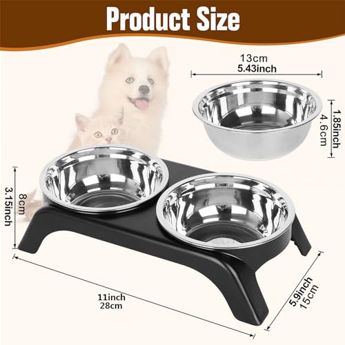 Elevated Cat Bowls - Anti-Vomiting Raised Food Bowl Set With 2 Stainless Steel Bowls, Prevents Neck Pain, ABS Anti-Slip Stand for Indoor Cats & Puppies (Black) - color: Black