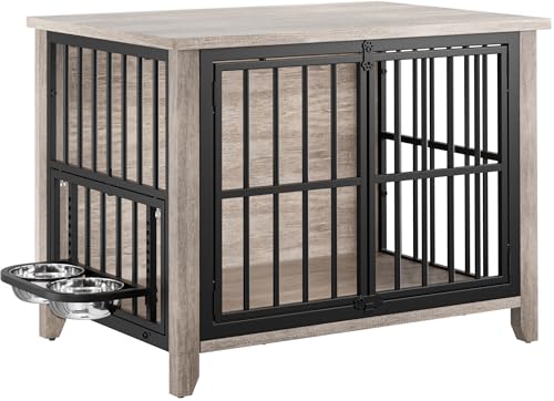 Lulive Dog Crate Furniture, Wooden Dog Kennel Indoor with Adjustable 360°& Height Dog Bowls, Double Doors Furniture Dog Crates End Table for Small/Medium 31.5" L*22.5" W*25.6" H, Grey
