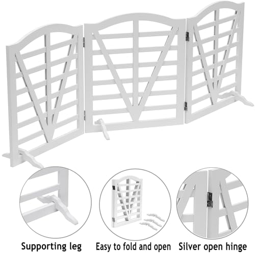 Wooden Dog Gate Freestanding Pet Gate Foldable Pet Gate for Dogs,Indoor Dog Fences with 3Foot Supportershite,3Pane 23.6" Height-White.
