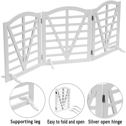Wooden Dog Gate Freestanding Pet Gate Foldable Pet Gate for Dogs,Indoor Dog Fences with 3Foot Supportershite,3Pane 23.6" Height-White.