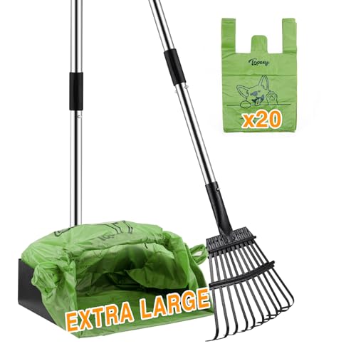 Toozey Dog Pooper Scooper for Large Dogs — Long Handle Poop Scooper for Yard Use, Extra Large Metal Tray & Bag Holder | Easy Cleanup for All Dog Sizes with 20 Bags - size: 43.31" Handle Rake