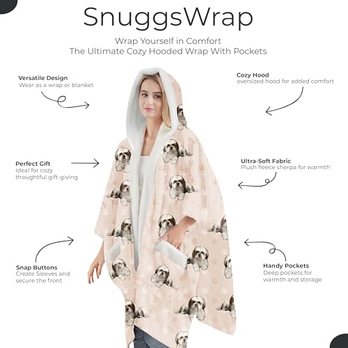 E&S Pets Sherpa Wearable Blanket Hoodie for Women – Soft Fleece Snuggs Wrap – 32 Dog & Cat Breeds – Warm Pet Lover Gifts - color: Shih Tzu Tan