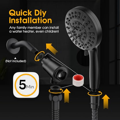 High Pressure 10 Ways Handheld Shower Head Matte Black- Anti-clog Nozzles, Built-in Power Wash to Clean Tub, Wall & Overhead Brackets,Magnetitc Rainfall Shower Wand,Built-in 2 Power Jet - color: Black