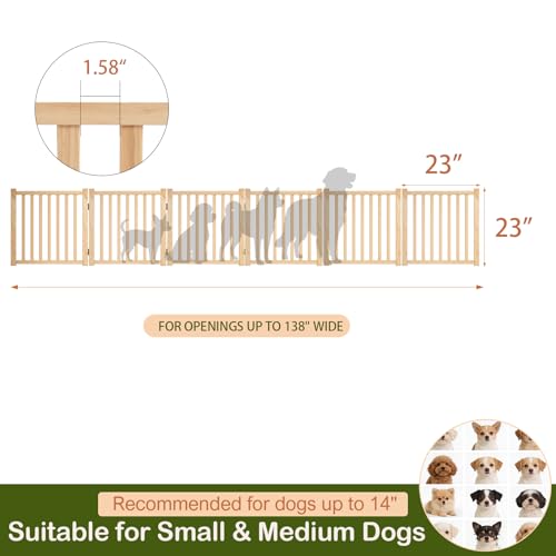Wooden Freestanding Pet Gate Indoor, Nature Wood Dog Gates for Doorways, No-Painted Pet Fence for Stairs, 23" Height-6 Panels - size: 【6 Panels】H:23''