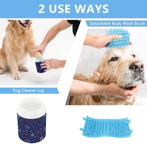 Stars Dots Blue Pattern Dog Paw Cleaner Cup with Soft Silicone Brush, Small Lightweight Portable Muddy Paw Washer for Dogs, Easy to Use Pet Foot Cleaner