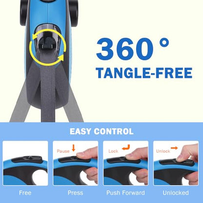 SCENEREAL Retractable Dog Leash for Small Medium Large Dogs up to 110lbs, 26ft 360° Tangle-Free Nylon Tape with Anti-Chewing Wire Rope&Waste Bag Dispenser, Heavy Duty Long Durable One-Handed Brake - color: Chew Proof (Black & Blue /26ft)
