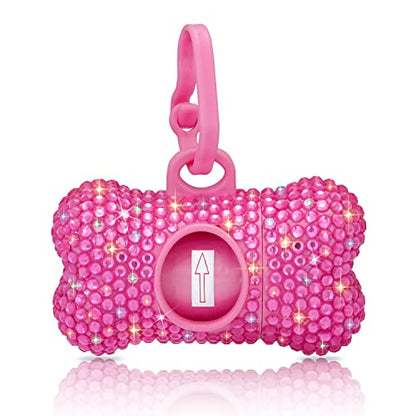 SAVORI Dog Poop Bag Holder Bling Crystal Dog Waste Bags Dispenser for Pet Dog Doggy with Carabiner Clip Includes 1 Roll 15 Bags (Hot Pink) - color: Hot Pink
