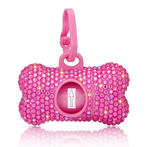 SAVORI Dog Poop Bag Holder Bling Crystal Dog Waste Bags Dispenser for Pet Dog Doggy with Carabiner Clip Includes 1 Roll 15 Bags (Hot Pink) - color: Hot Pink