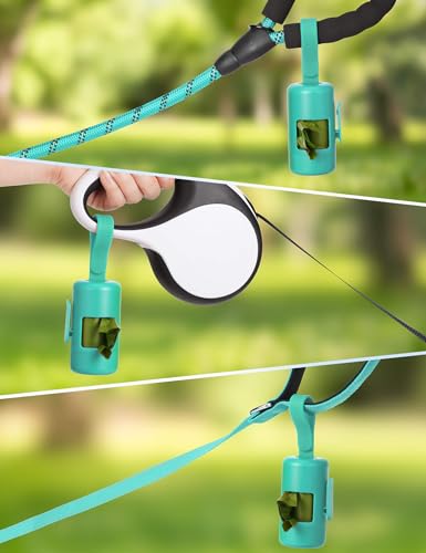 Gobeigo Dog Poop Bag Holder【Convenient Hook for Used Bags】【Silicone Strap Fits Any Leash】【Large Opening for Easy Dispensing】with 1 Roll Waste Bags (Turquoise) - color: Turquoise