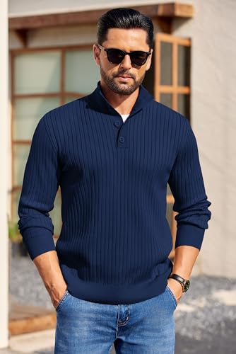 COOFANDY Mens Quarter Button Sweater Long Sleeve Stand Collar Sweaters Casual Knitted Ribbed Dress Pullover - color: Navy Blue, size: Small